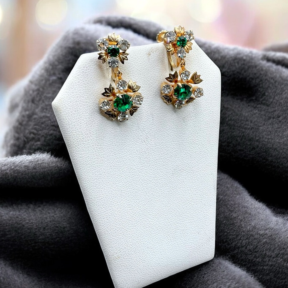 🌺Vintage Gold & Green Rhinestone Jewelry Set - Picture 2 of 9